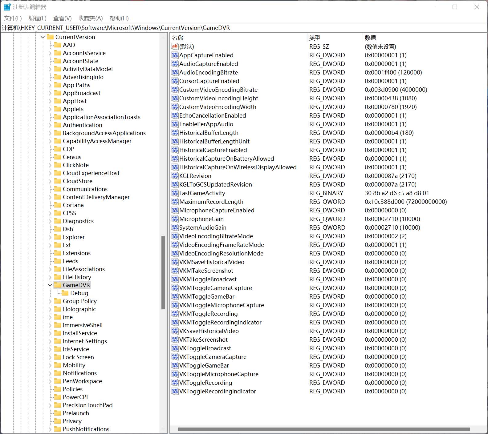 GameDVR注册表选项